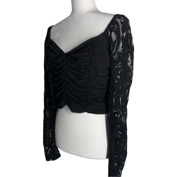 Black Lace Long sleeves Ruched Crop Top Off Shoulder - Picture 4 of 6